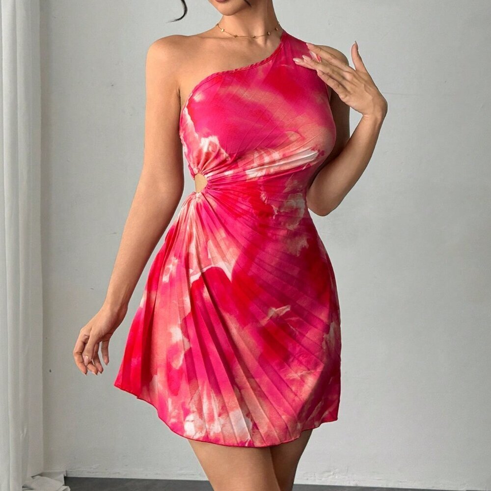 Watermelon Pink Open Shoulder Fitted Women's Summer Dress - Picture 3 of 6